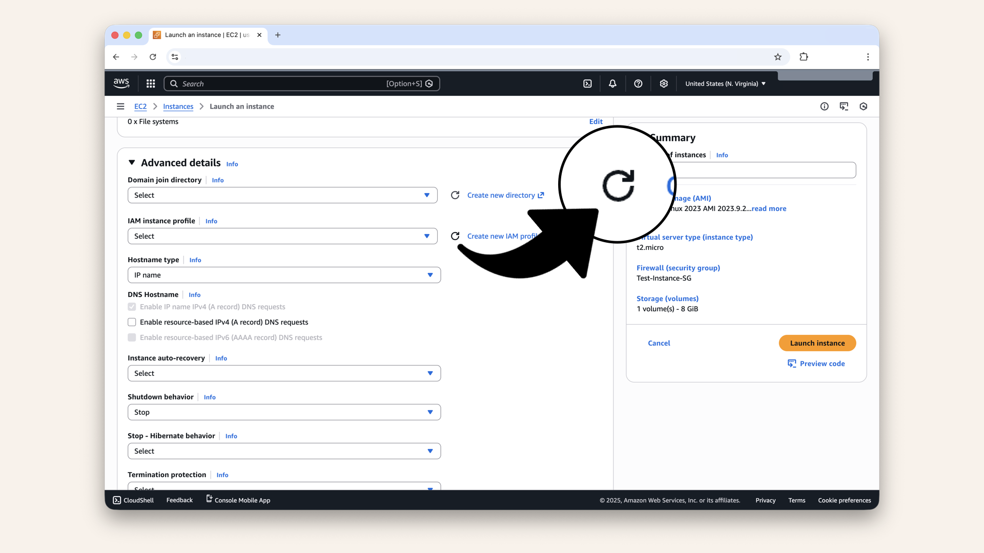 Close the tab and go back to the EC2 launch tab and refresh the IAM instance profile dropdown Close the tab and go back to the EC2 launch tab and refresh the IAM instance profile dropdown