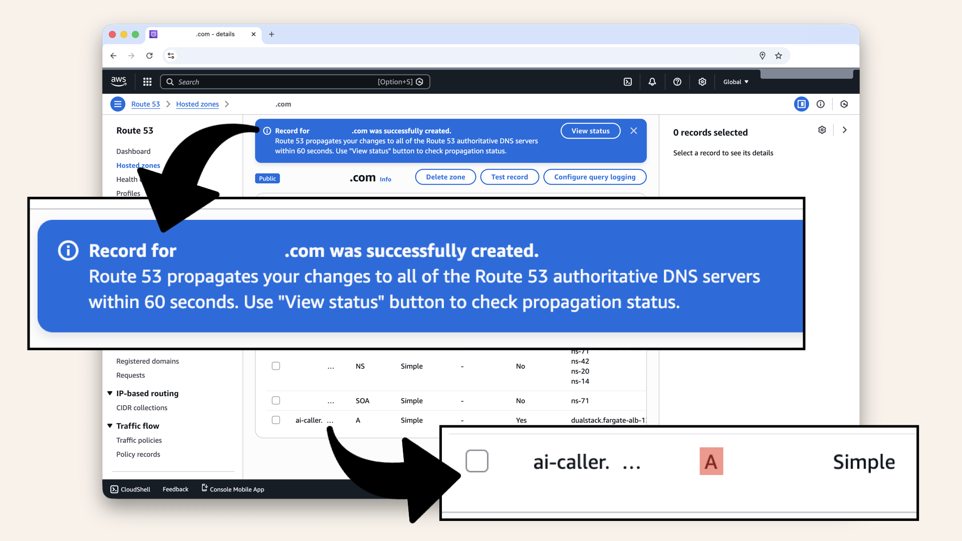 You should see: Successfully created record and your new A record