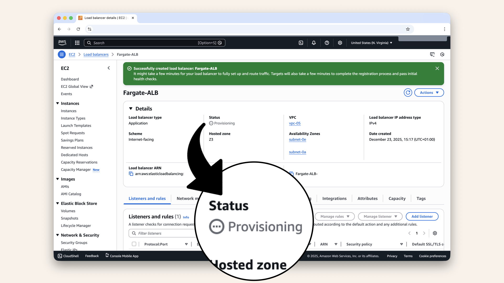 You will see your ALB with State: Provisioning