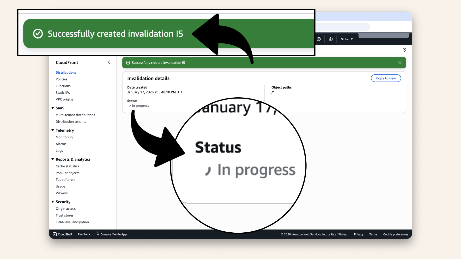 You should see Successfully created invalidation with status In progress