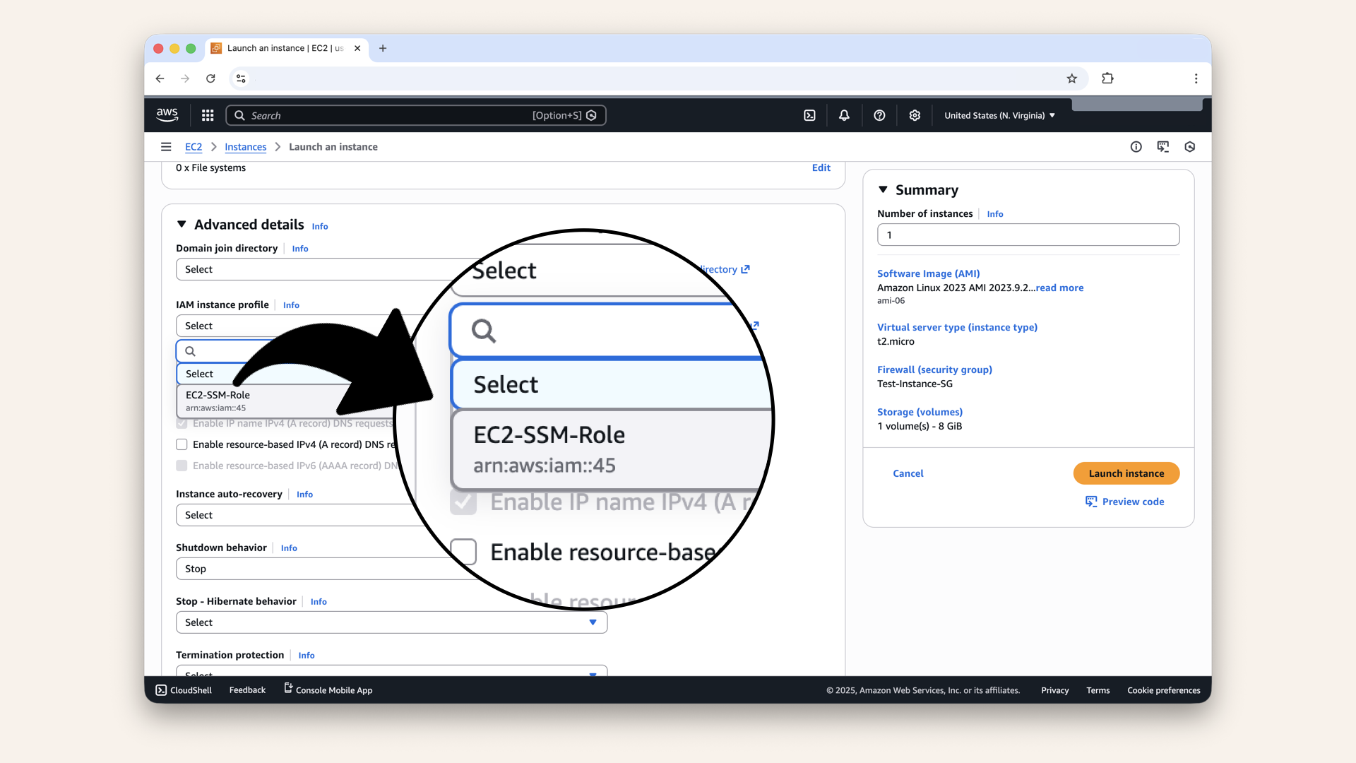 Select the EC2-SSM-Role we just created Select the EC2-SSM-Role we just created
