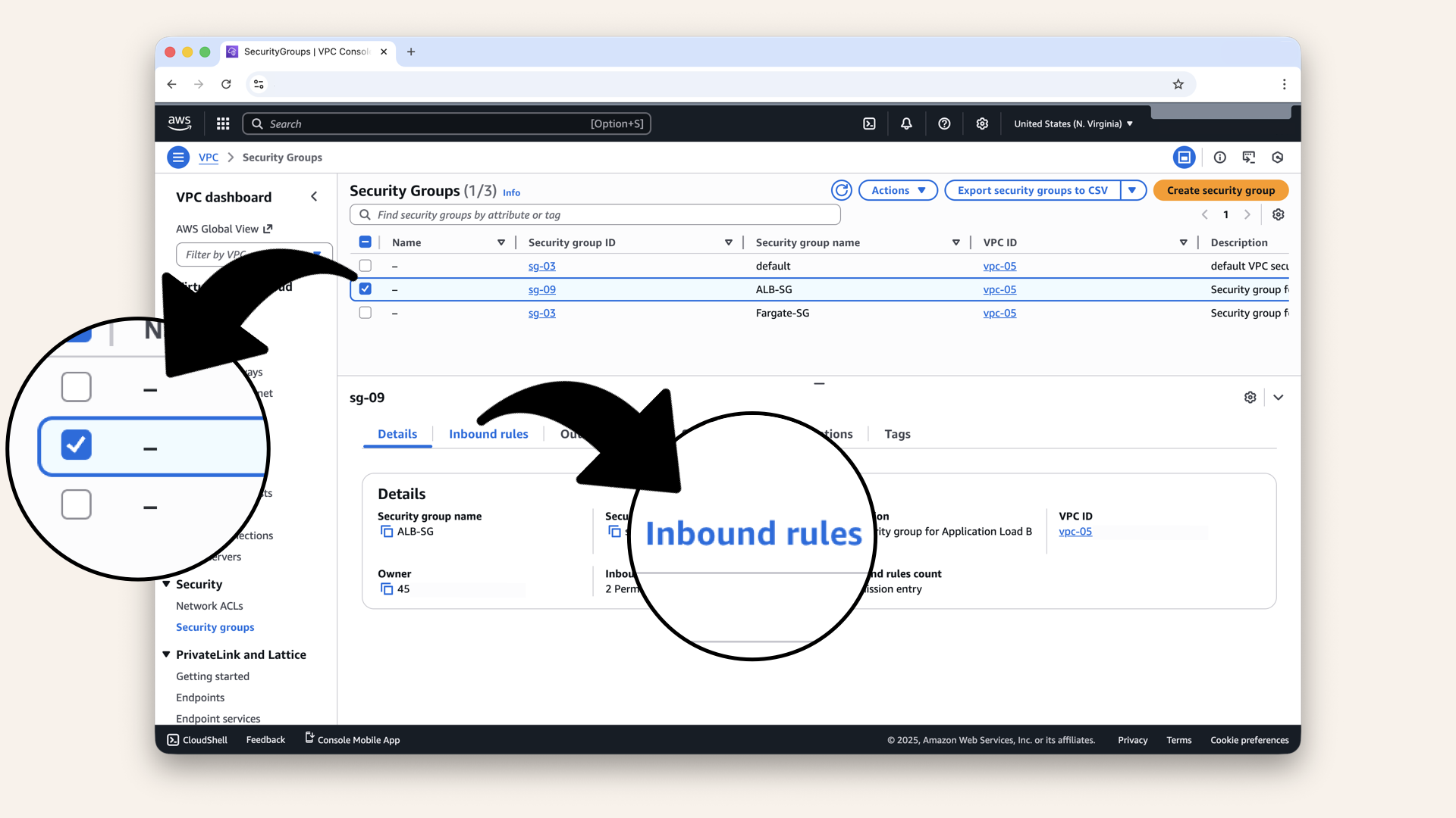 Select the ALB-SG from the checkboxes and click Inbound rules Select the ALB-SG from the checkboxes and click Inbound rules