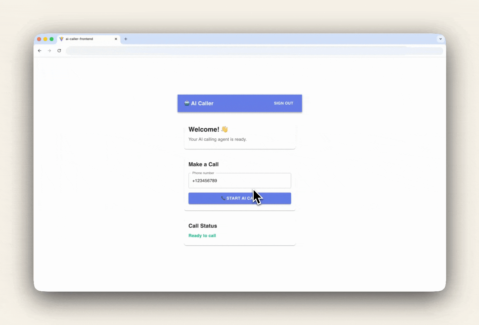 Enter a phone number again, e.g. +123456789 and click Start AI Call