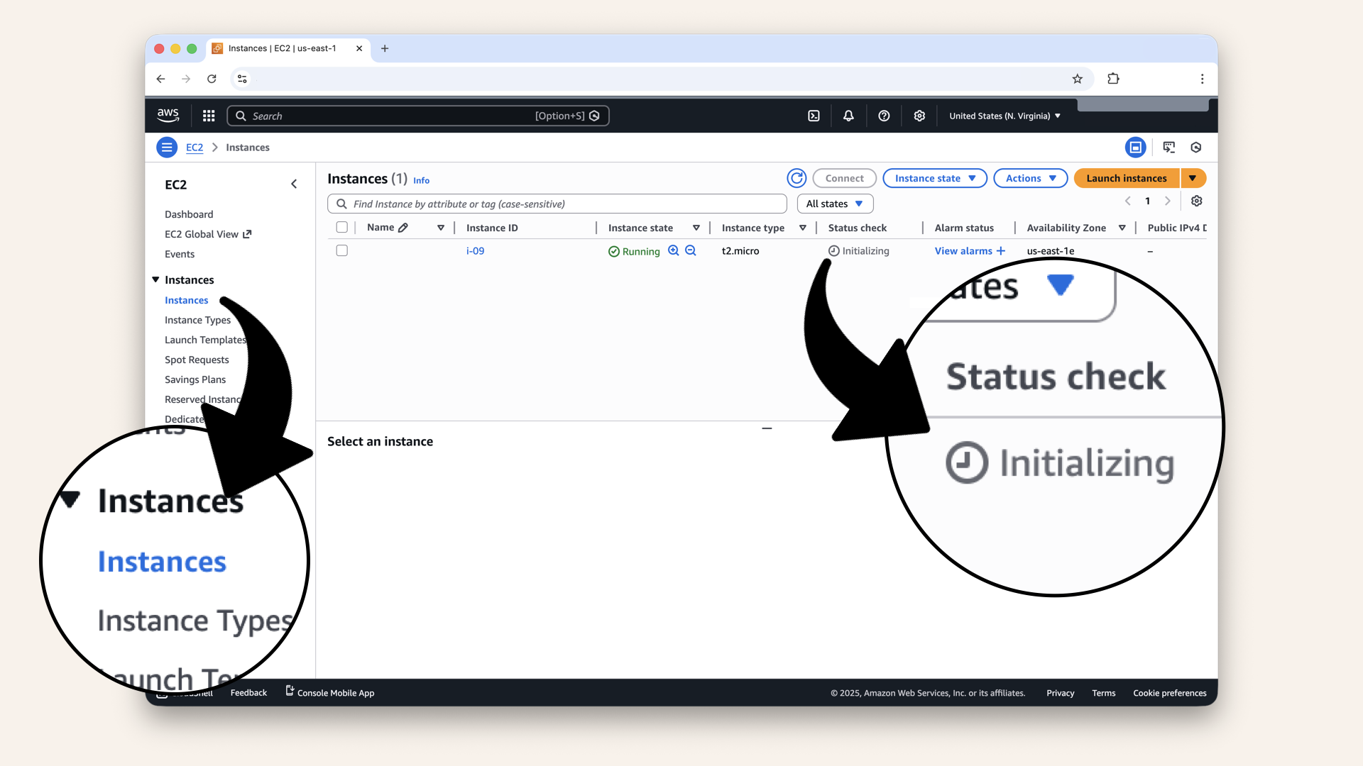 Click Instances to go back to the main menu and wait 2-3 minutes for the instance to initialize Click Instances to go back to the main menu and wait 2-3 minutes for the instance to initialize