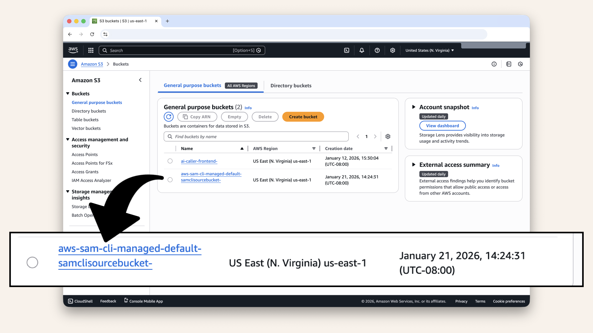 You should see that SAM created a new S3 bucket