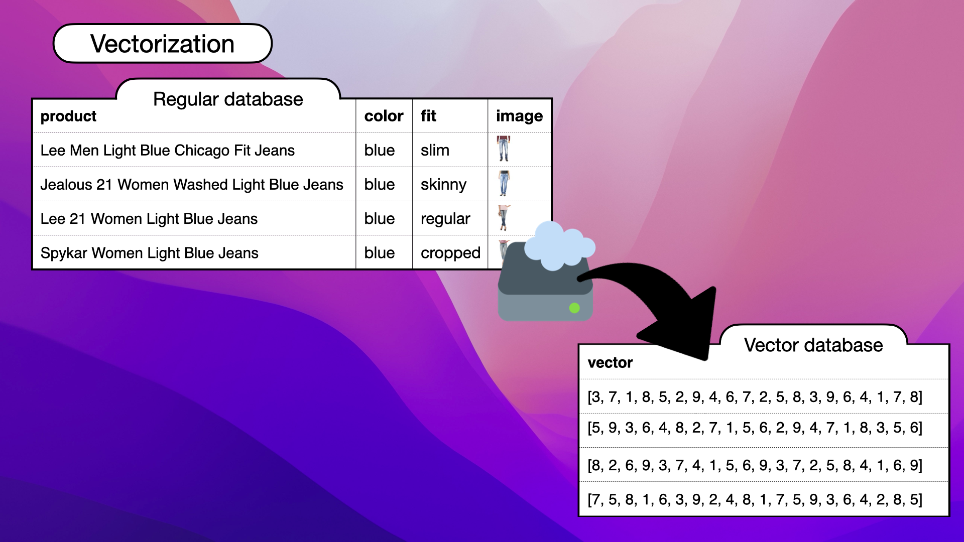 Upserting vectors of jeans data into the vector database