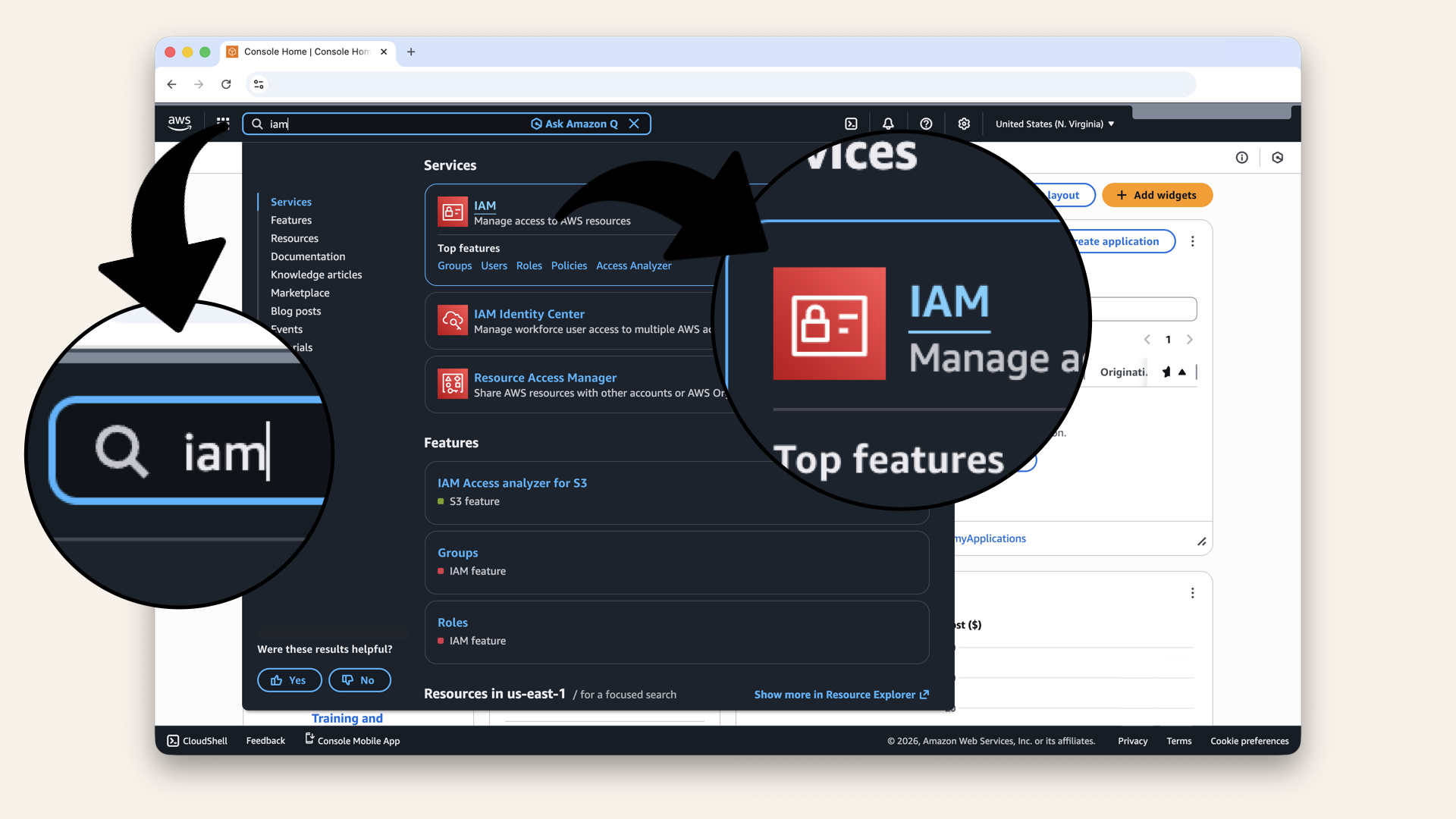 In the search bar at the top, type iam and click IAM