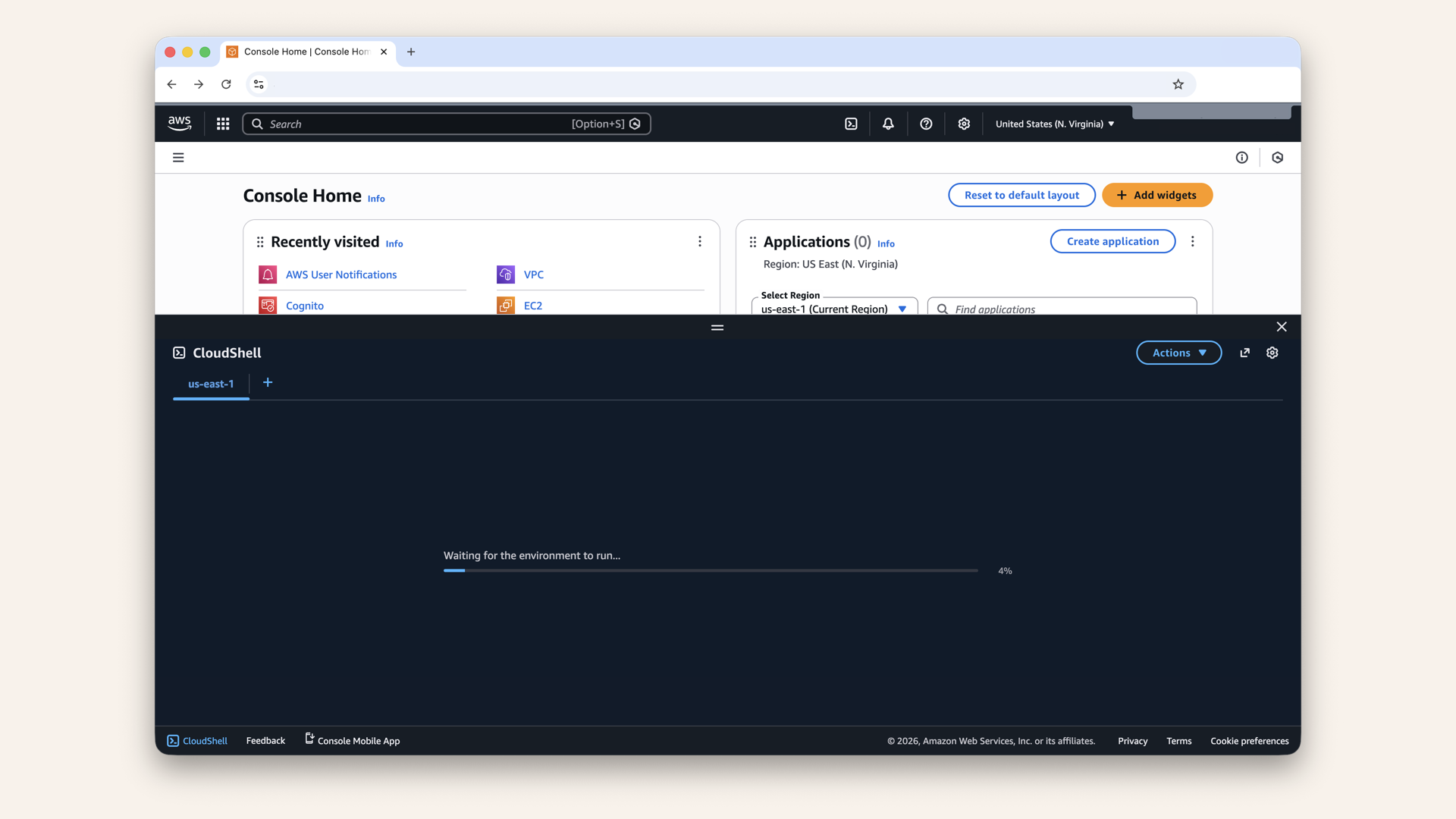 Wait for CloudShell to initiate (first time takes 30 seconds)