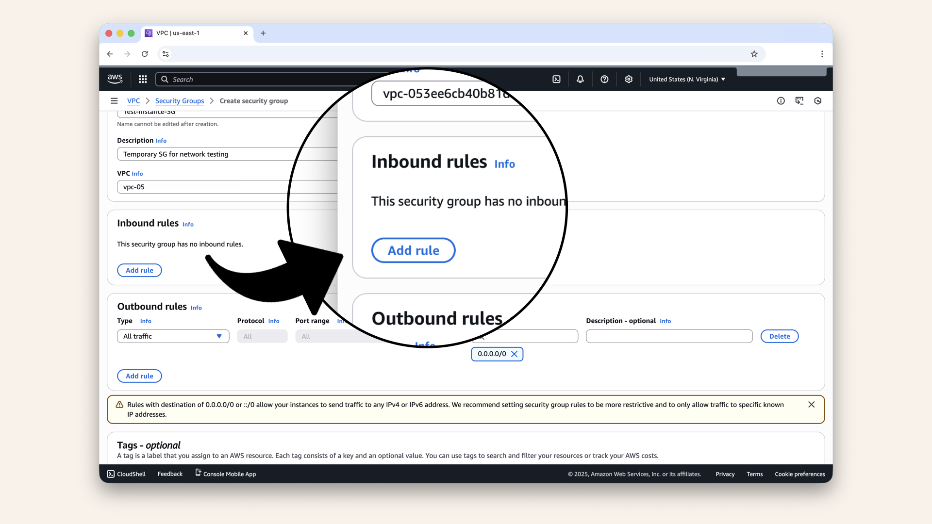 Leave empty (Session Manager doesnt need inbound rules) Leave empty (Session Manager doesnt need inbound rules)