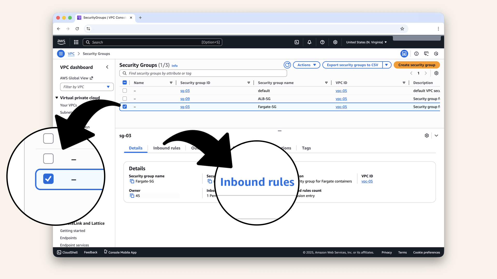 Select the Fargate-SG from the checkboxes and click Inbound rules Select the Fargate-SG from the checkboxes and click Inbound rules