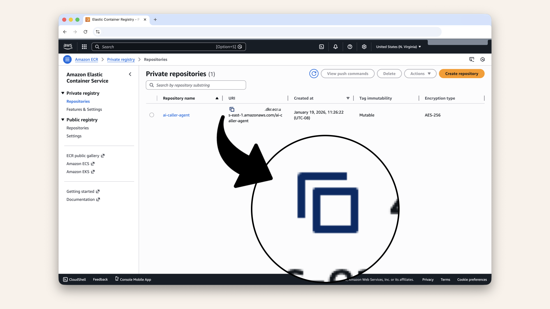 Copy and save the Repository URI, you will need it Docker commands