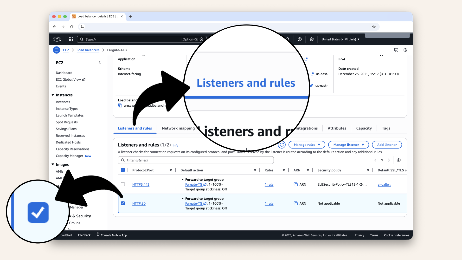 Go to Listeners and rules tab and select the HTTP:80 listener