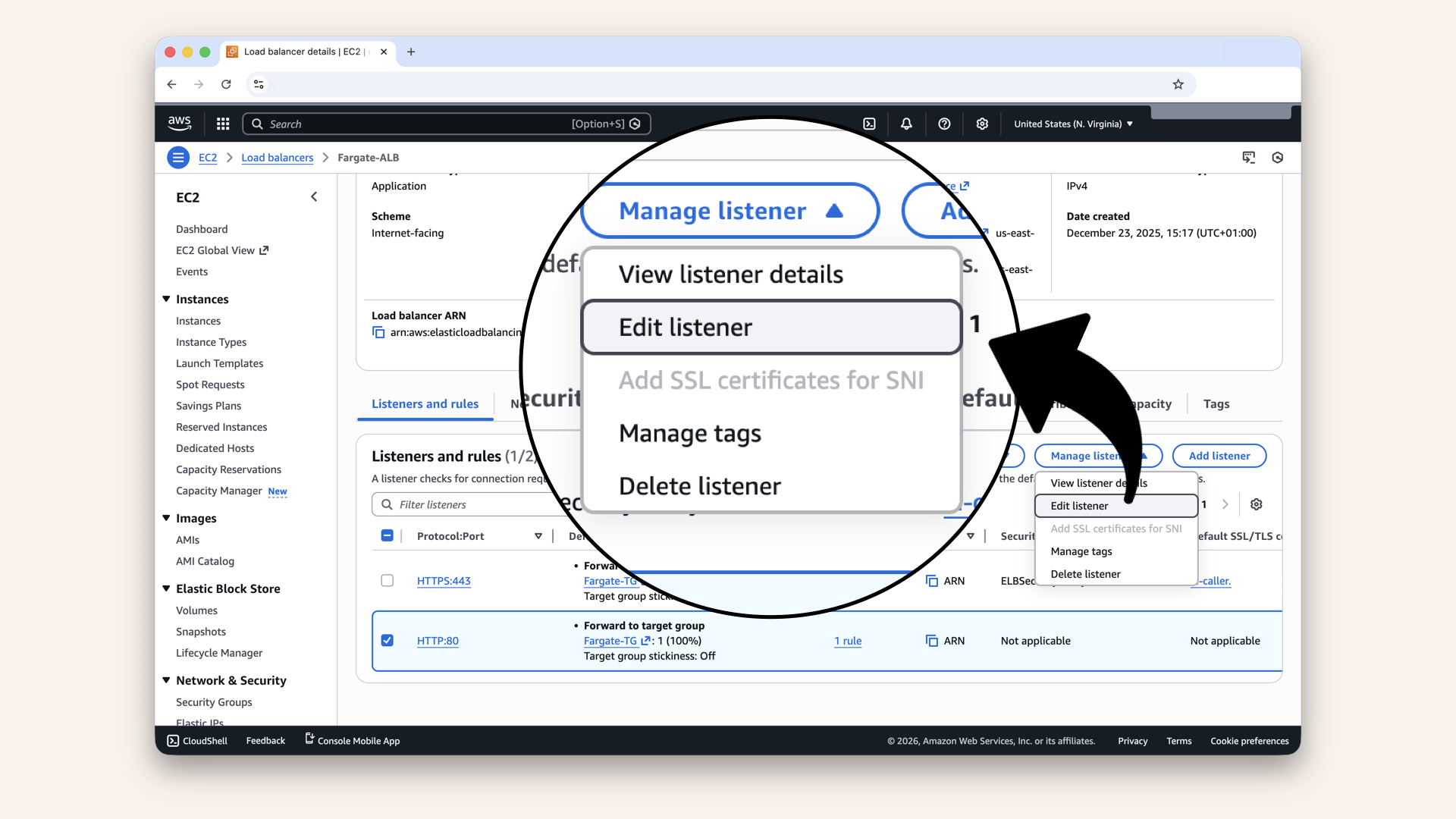 Click Manage listener and then click Edit listener in the dropdown