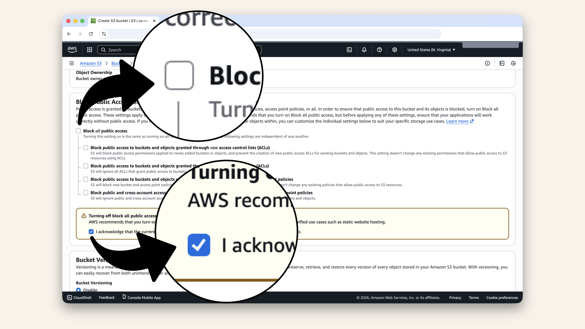 Uncheck Block all public access and check the warning box (we need public access for website)