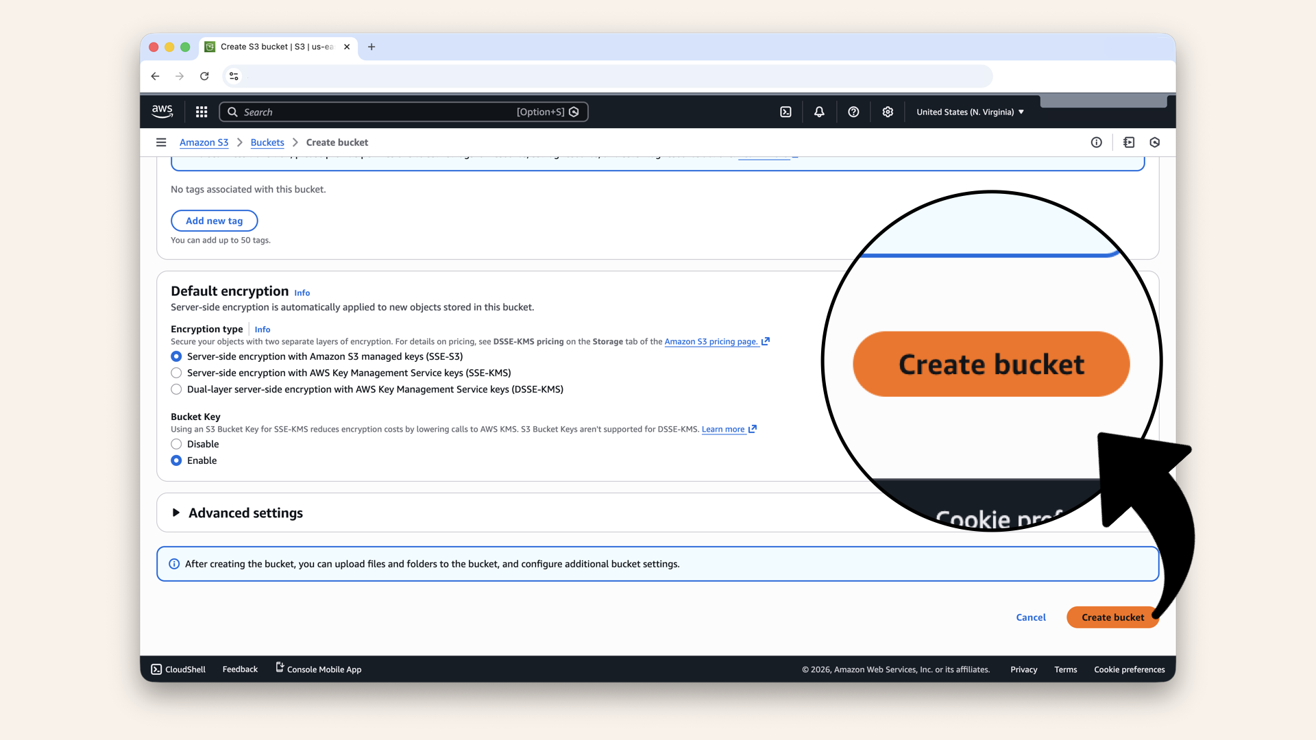 Scroll all the way down and click Create bucket