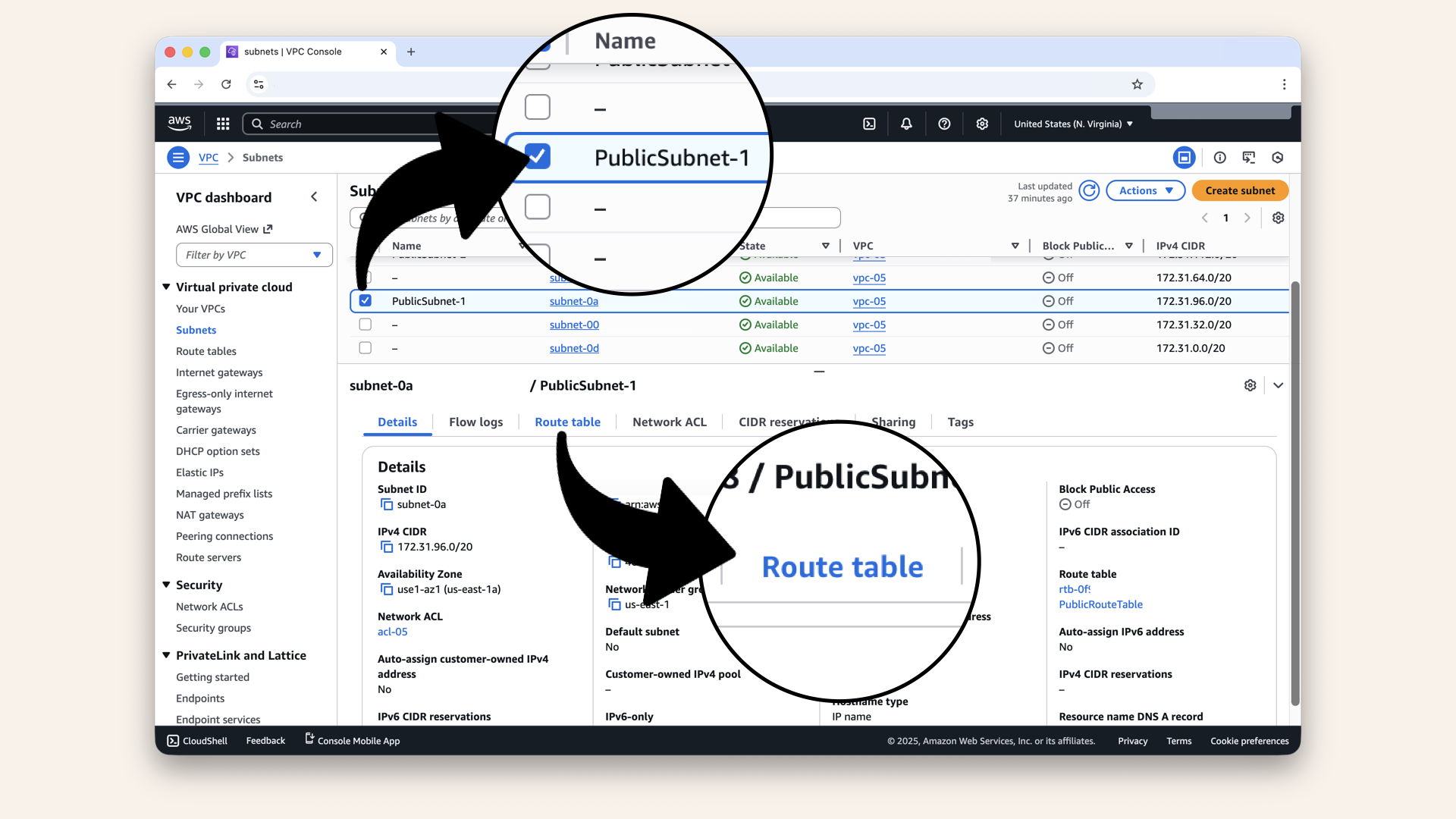 Now click on PublicSubnet-1 and check the Route table tab Now click on PublicSubnet-1 and check the Route table tab