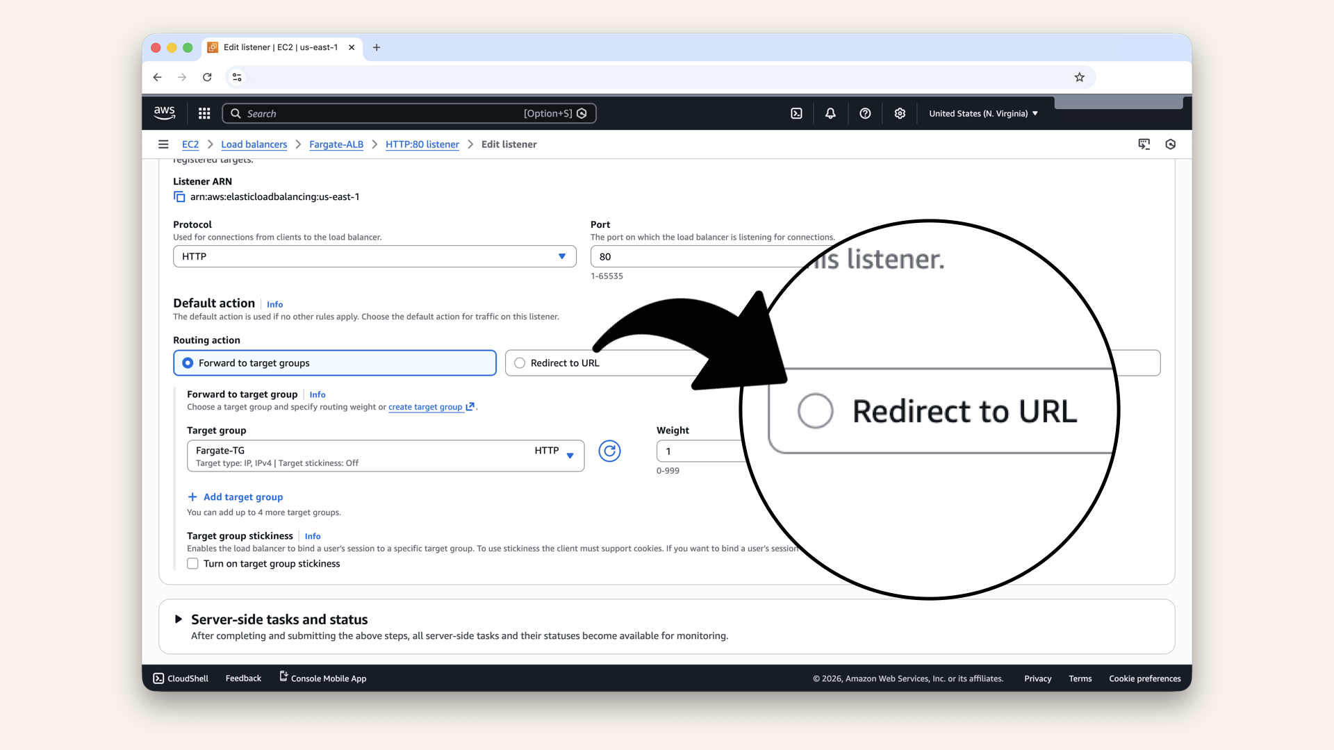 Change the Routing action to Redirect to URL