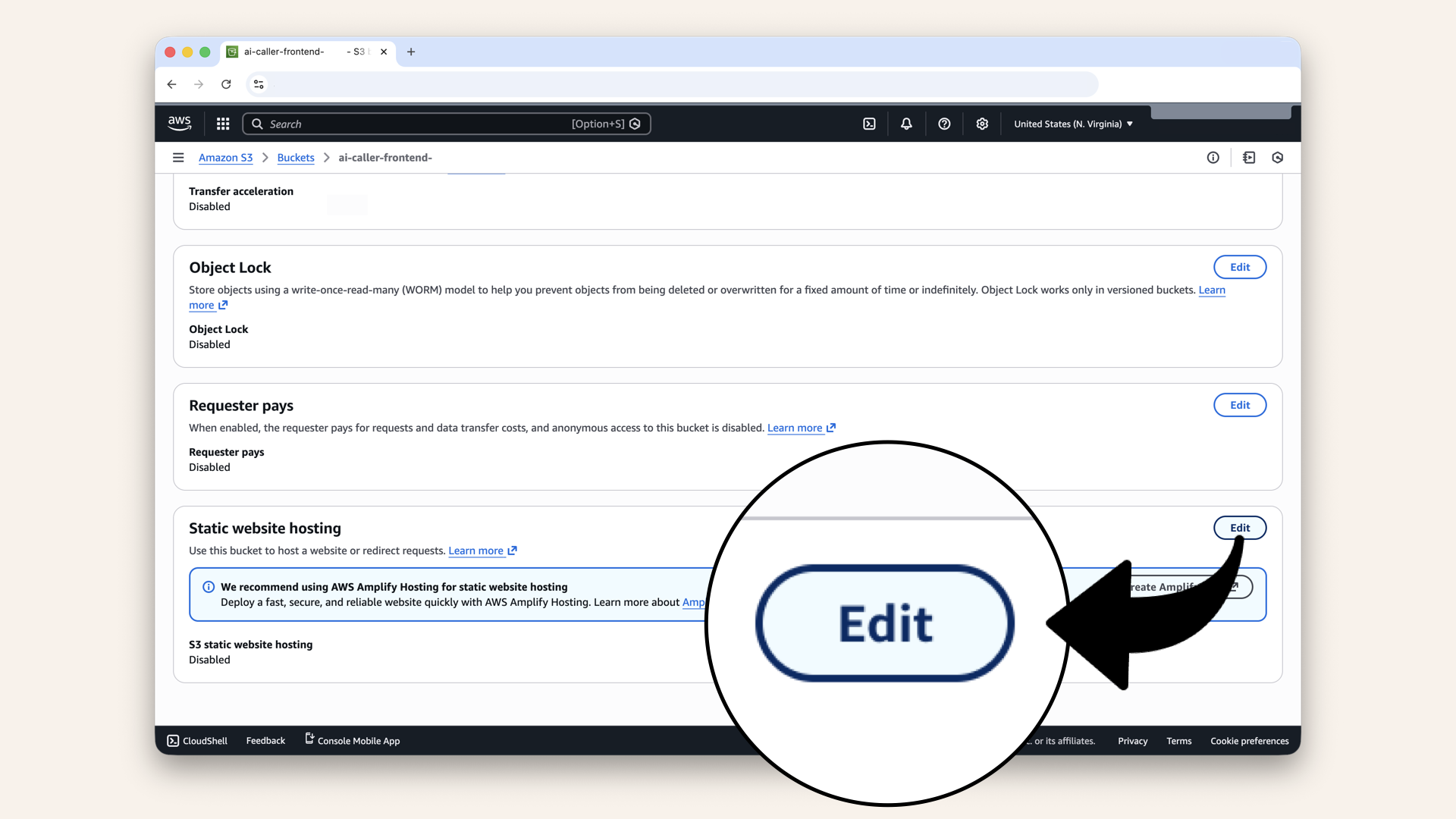 Scroll down to Static website hosting and click Edit