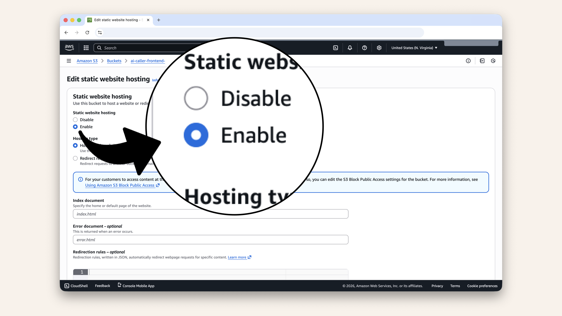 Click Enable static website hosting and add the following settings