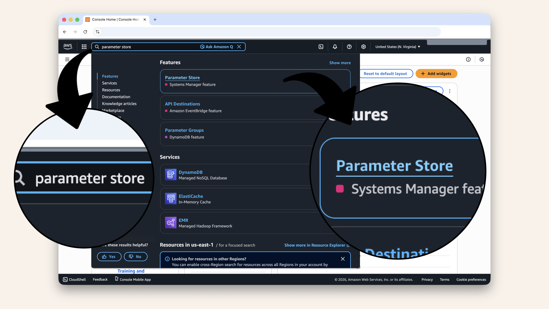In the AWS Console search bar at the top, type parameter store and click Parameter Store from the dropdown menu