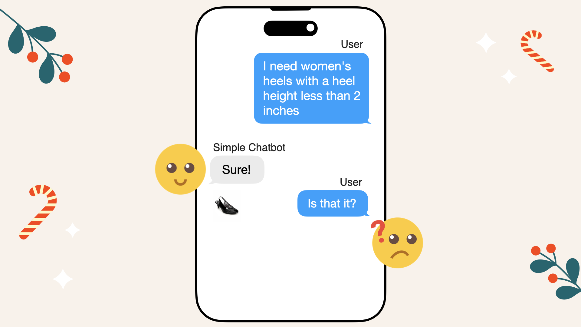 The naive chatbot found only one heel less than 2 inches high