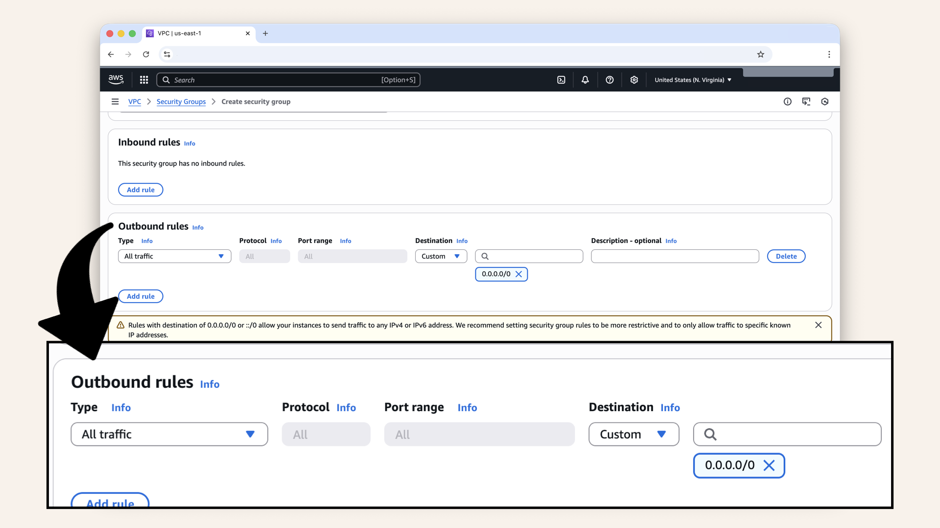 Keep default outbound rule (All traffic to 0.0.0.0/0) Keep default outbound rule (All traffic to 0.0.0.0/0)