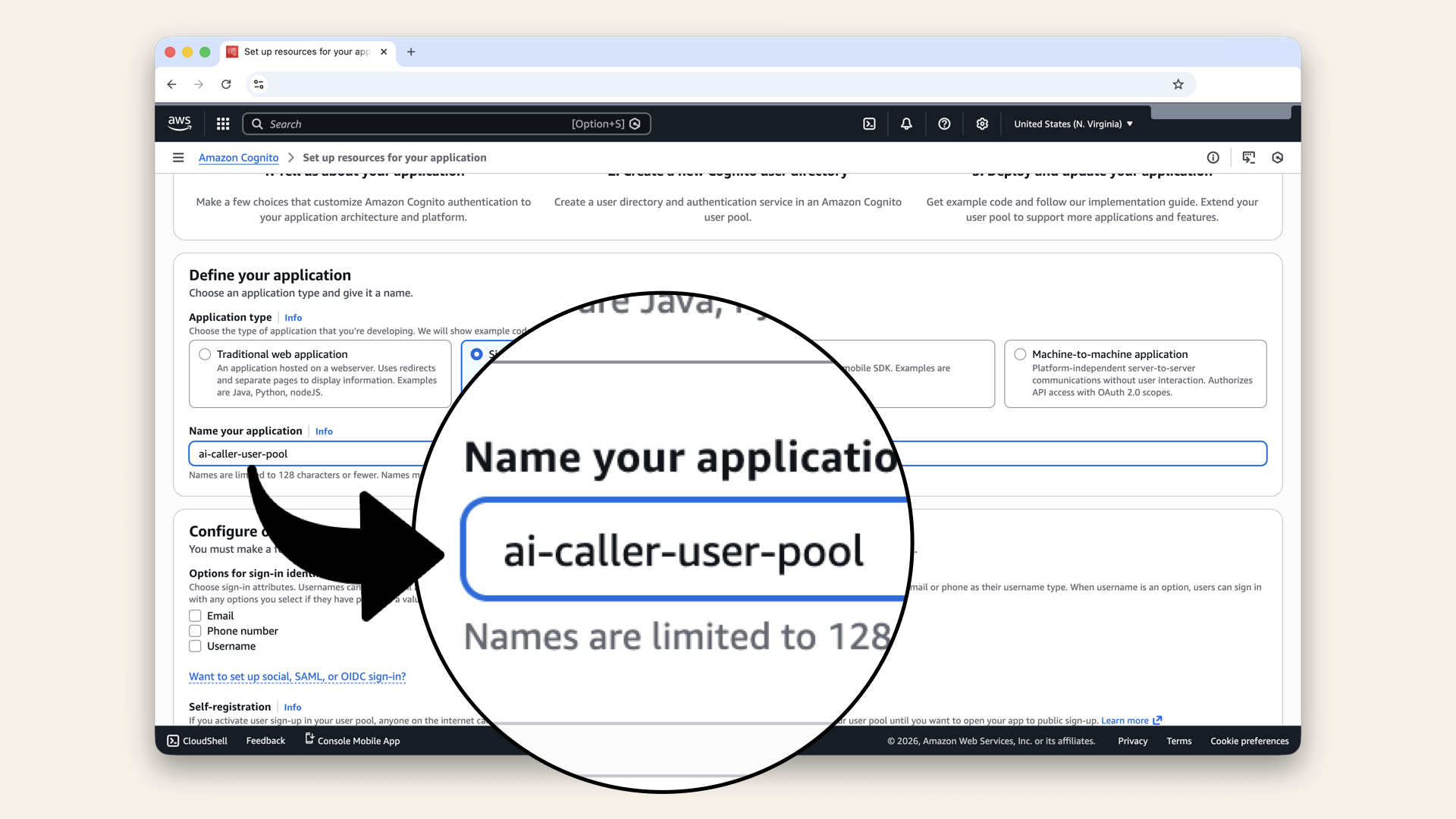 Name your user pool app ai-caller-app-client in the text field Name your application