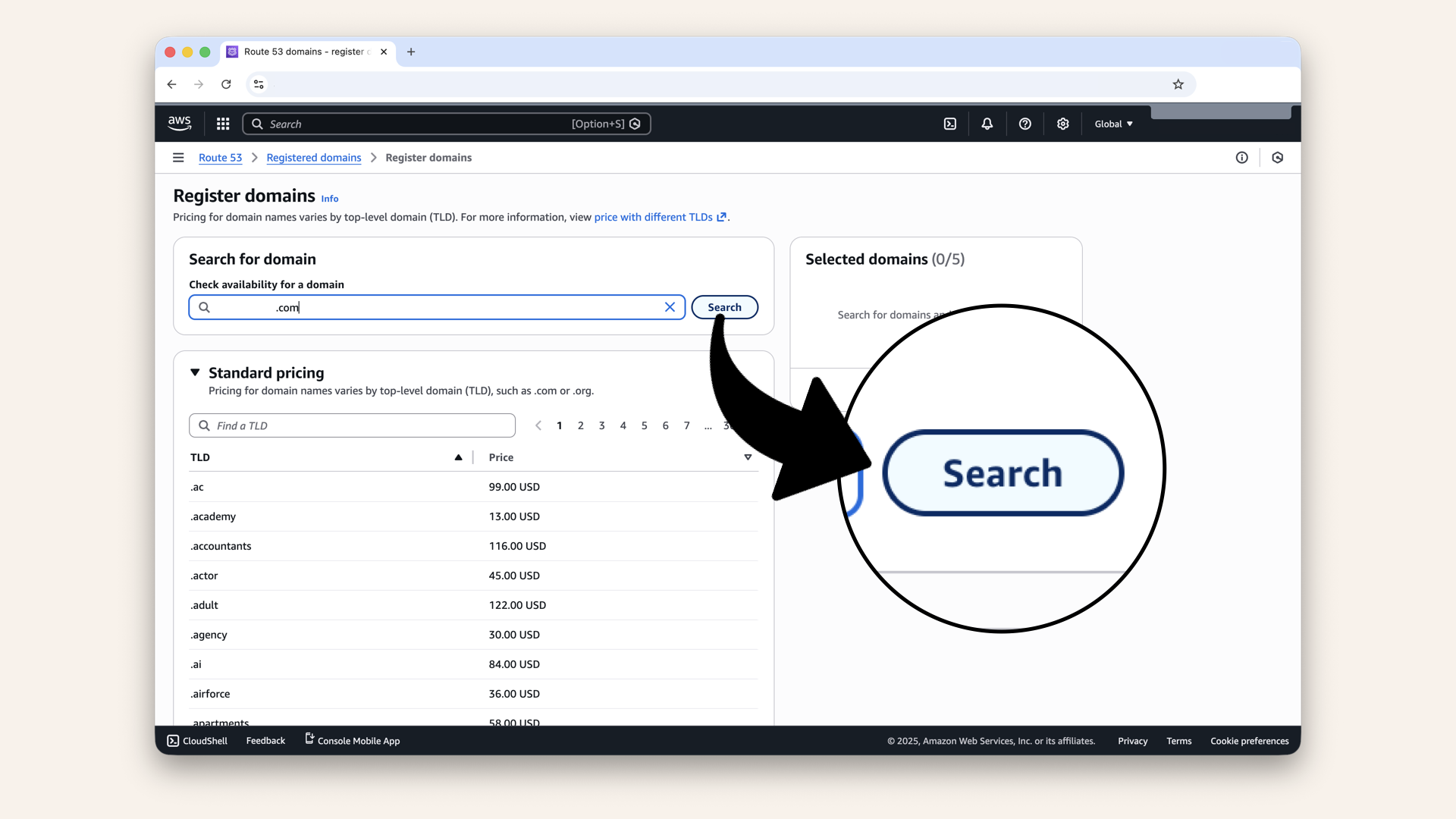 Type your desired domain name and click Search