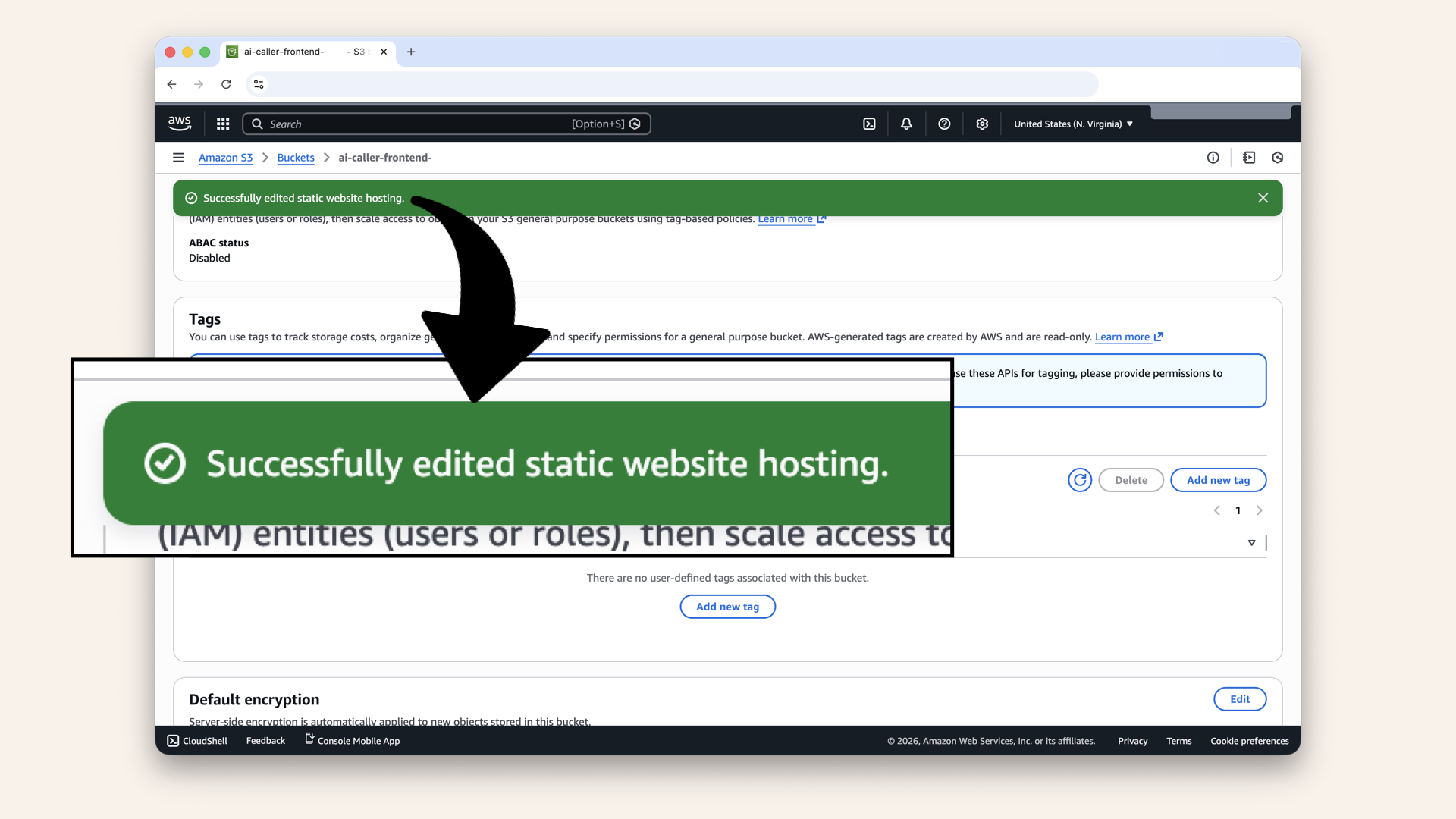You should see Successfully edited static website hosting