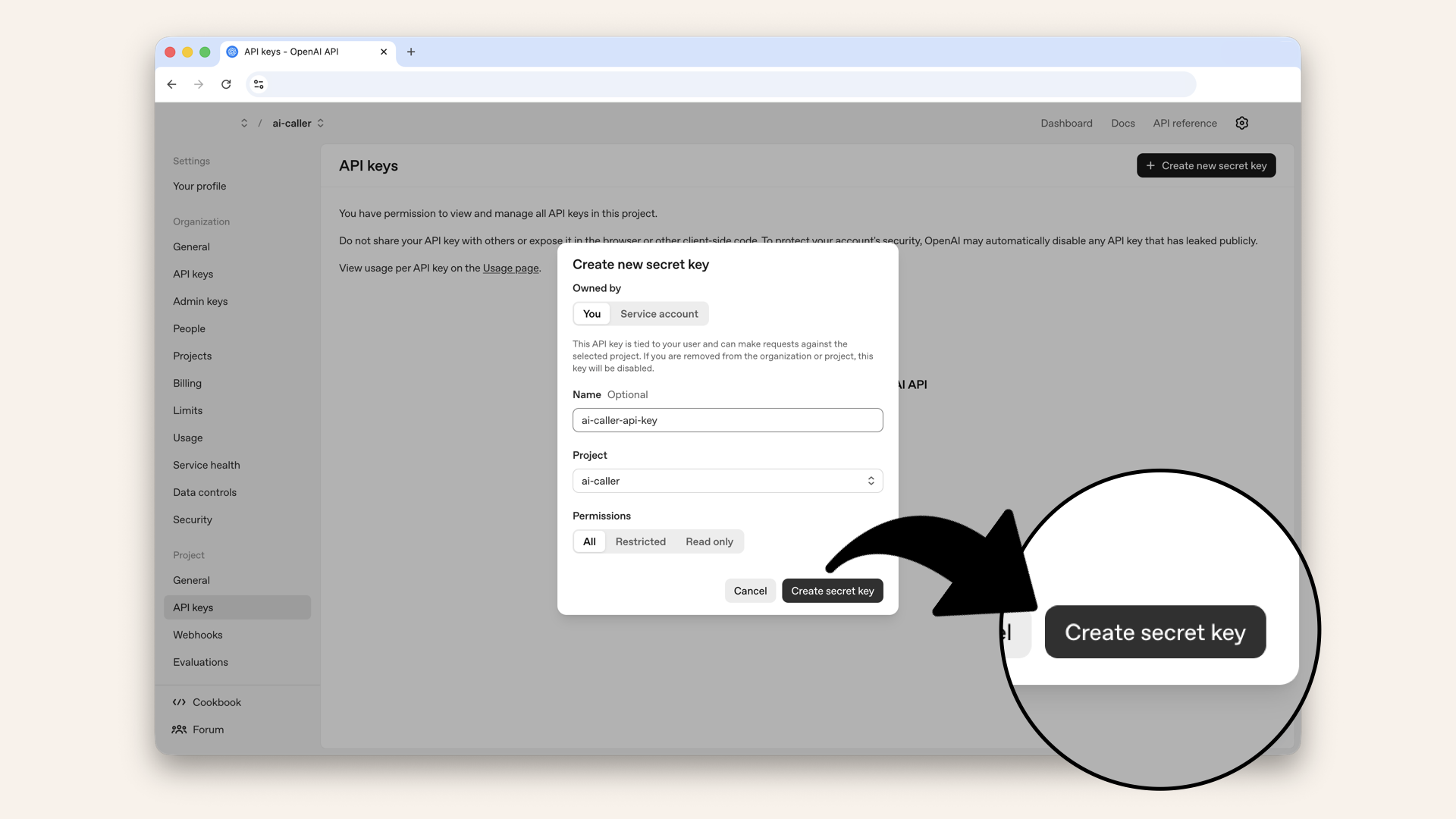 Name your key ai-caller-api-key and click Create secret key