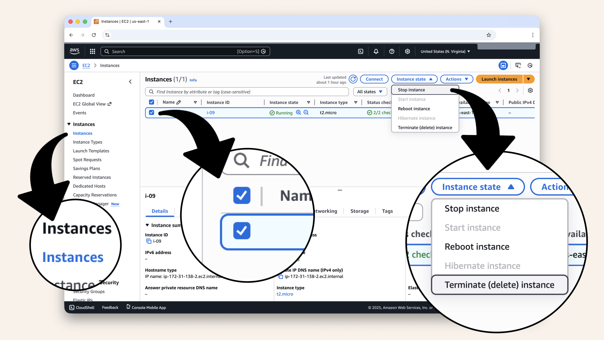 Select Network-Test-Instance, then click Instance state and then click Terminate (delete) instance Select Network-Test-Instance, then click Instance state and then click Terminate (delete) instance