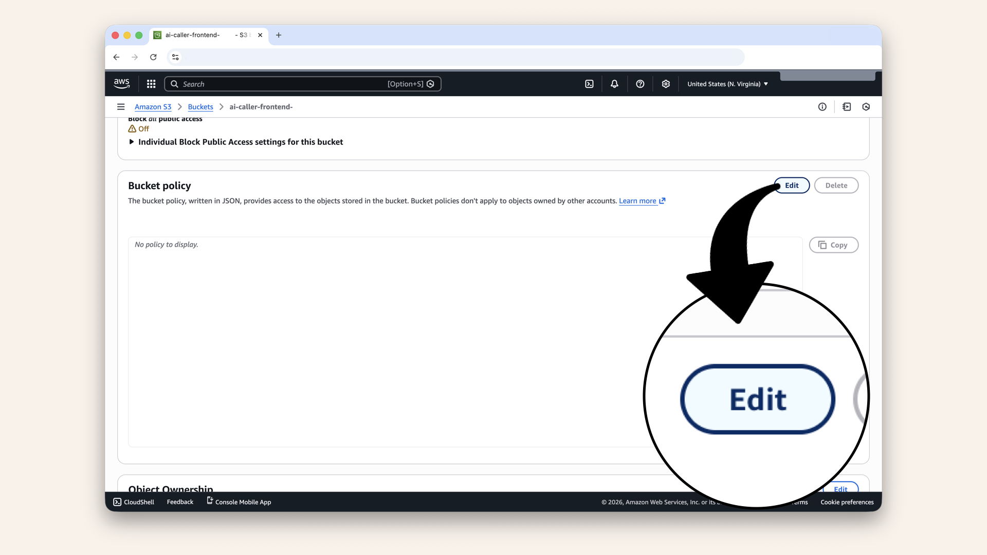 Scroll down to Bucket policy and click Edit