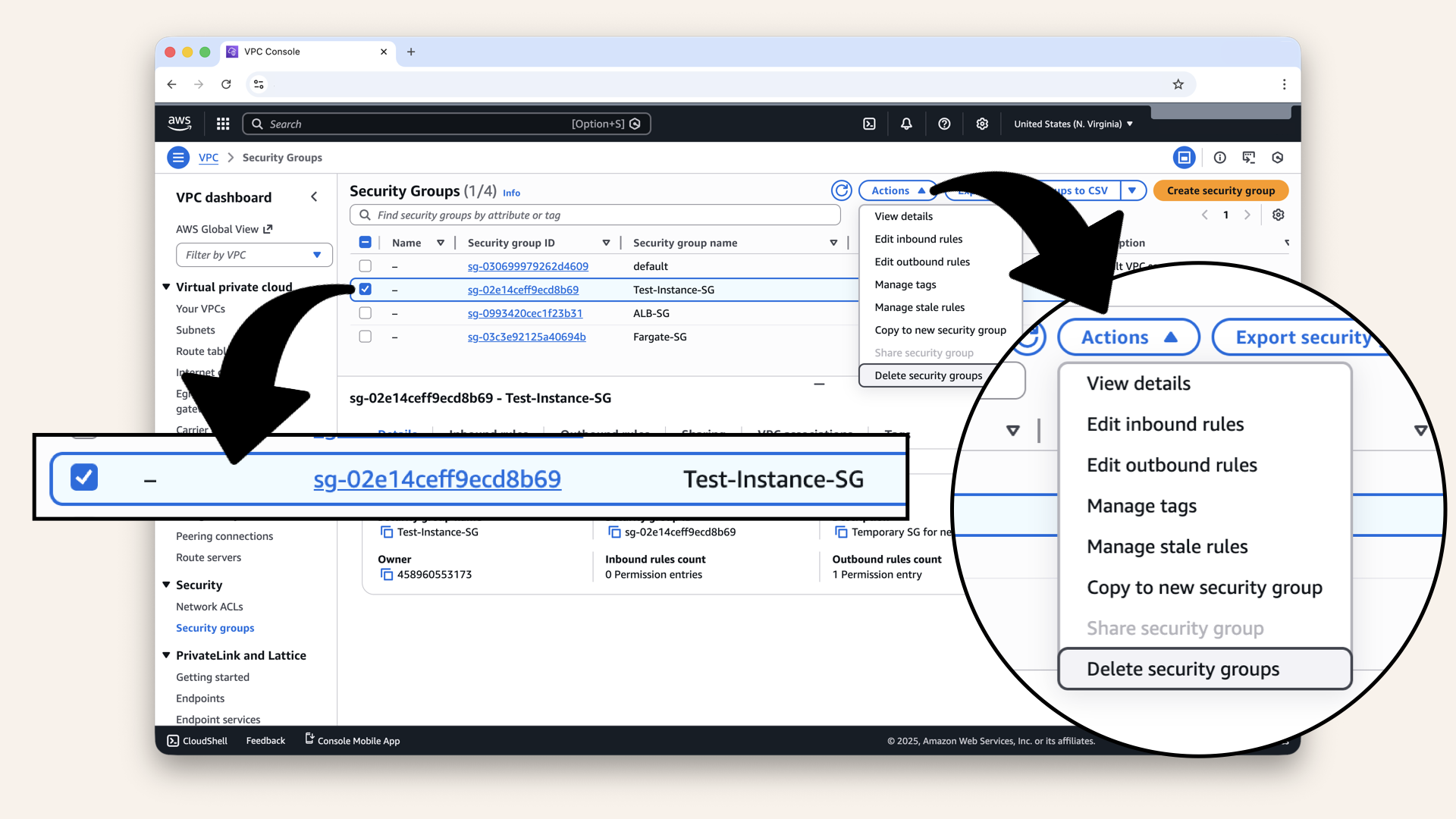 Select Test-Instance-SG then click Actions and click Delete security group in the dropdown Select Test-Instance-SG then click Actions and click Delete security group in the dropdown