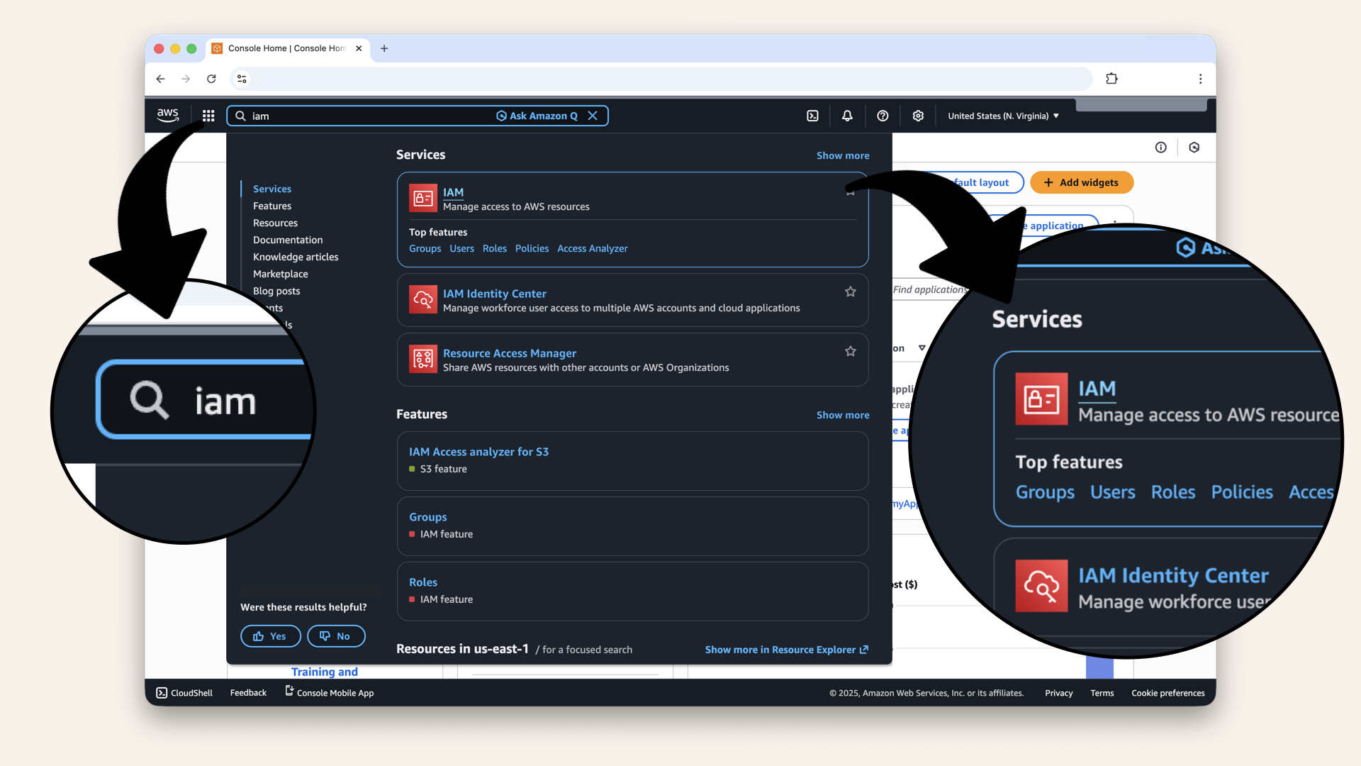 In the search bar at the top, type IAM and click IAM from the dropdown In the search bar at the top, type IAM and click IAM from the dropdown