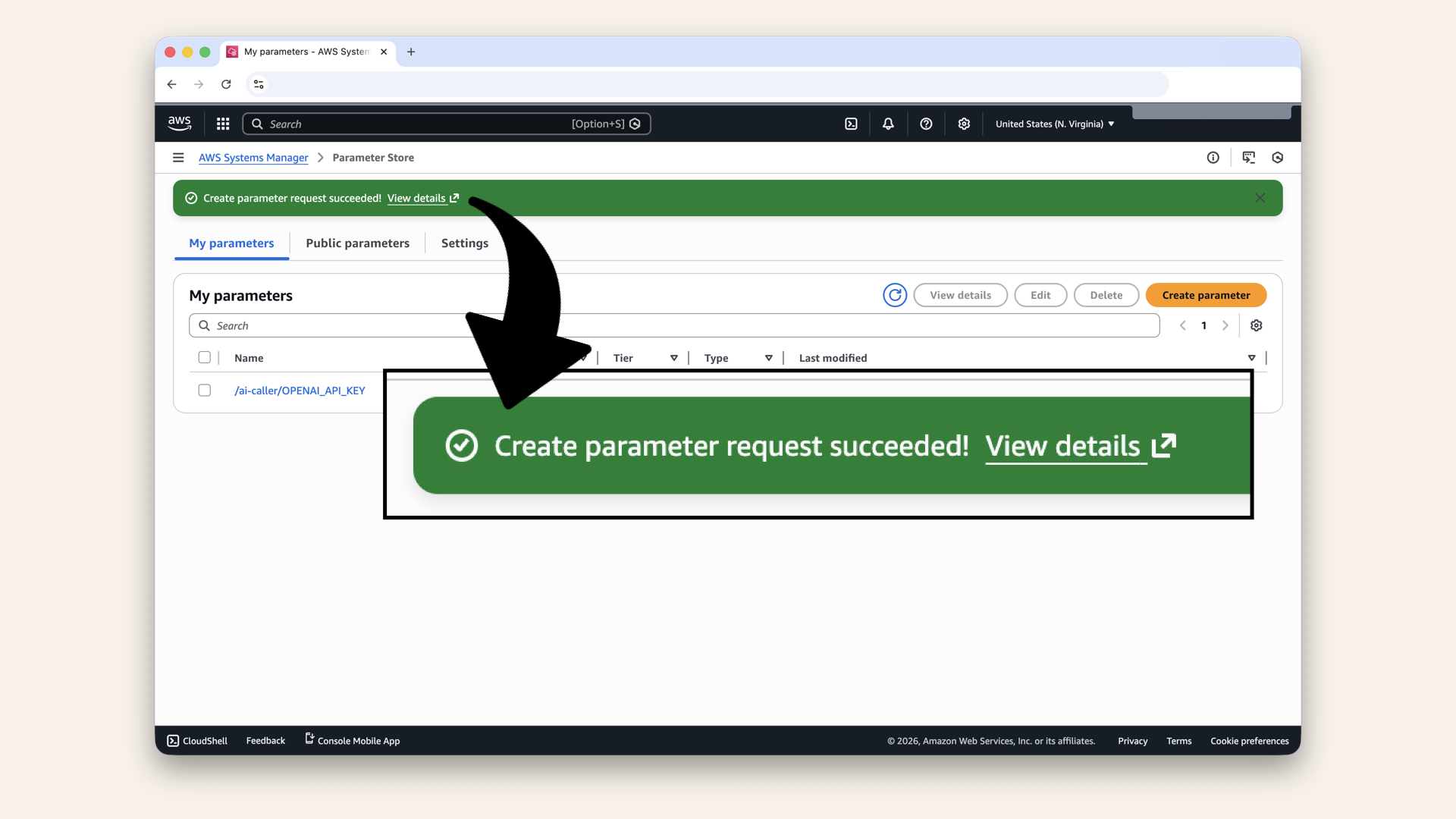 You should see: Create parameter request succeeded