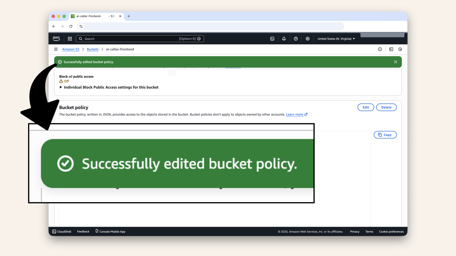 You should see Successfully edited bucket policy
