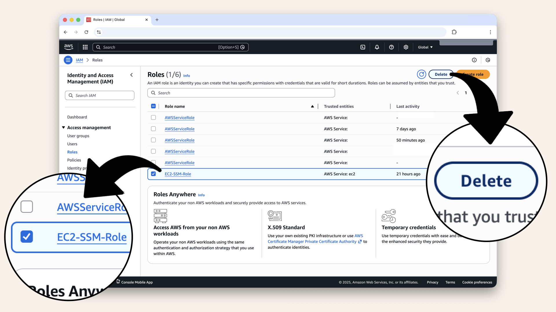 Search for EC2-SSM-Role, select it and click Delete Search for EC2-SSM-Role, select it and click Delete