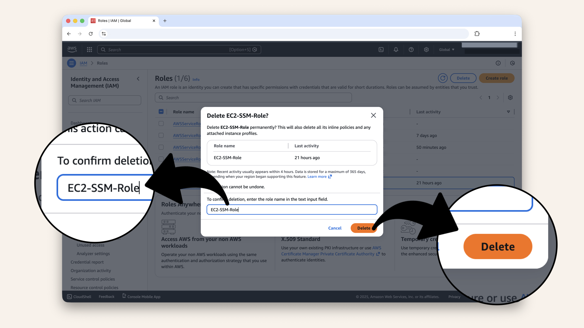 Write the role name EC2-SSM-Role and click Delete to confirm Write the role name EC2-SSM-Role and click Delete to confirm