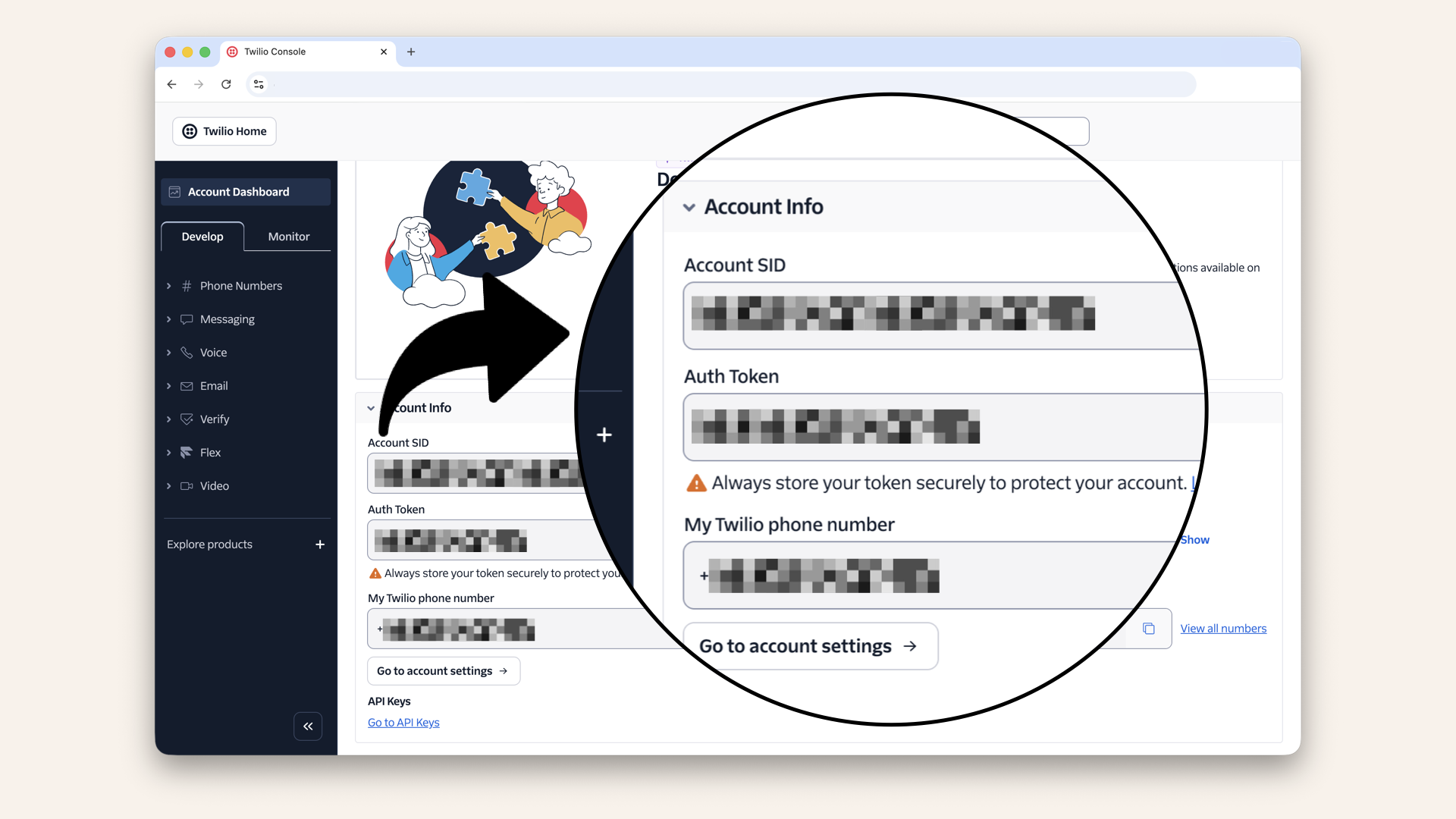 Scroll down to Account Info and copy the SID, token and phone number