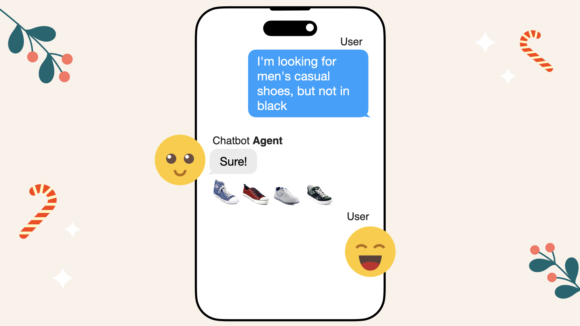 AI agent listing men&#39;s casual shoes in various colors excluding black, like red, green, or blue