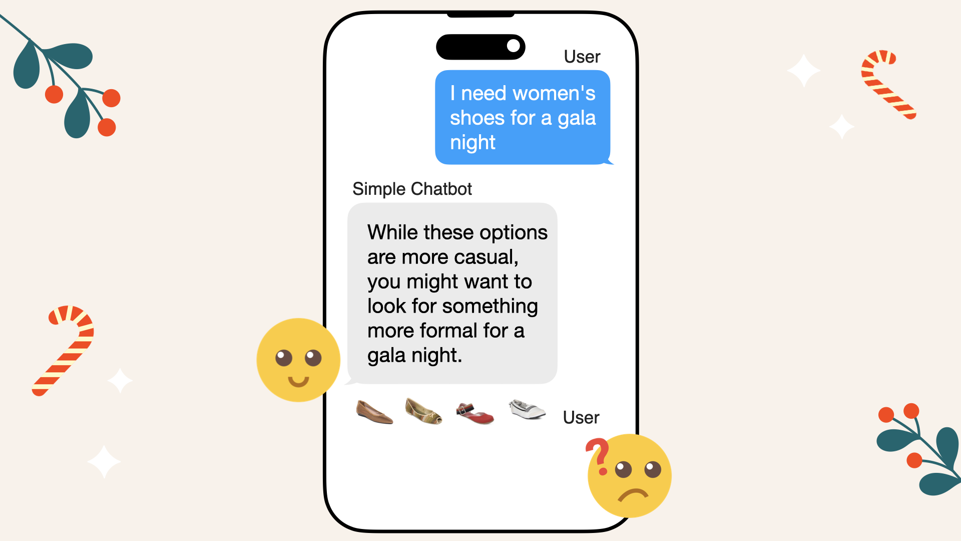 The naive chatbot ends up failing to find suitable shoes for a gala event