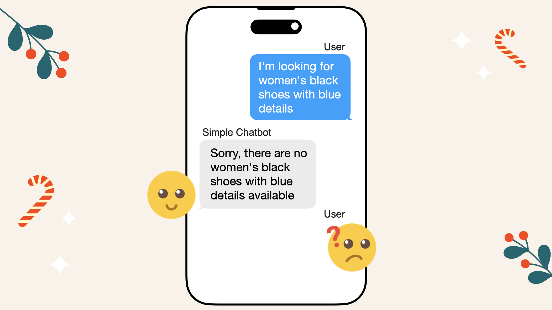 The naive chatbot ends up failing to find black shoes with blue details