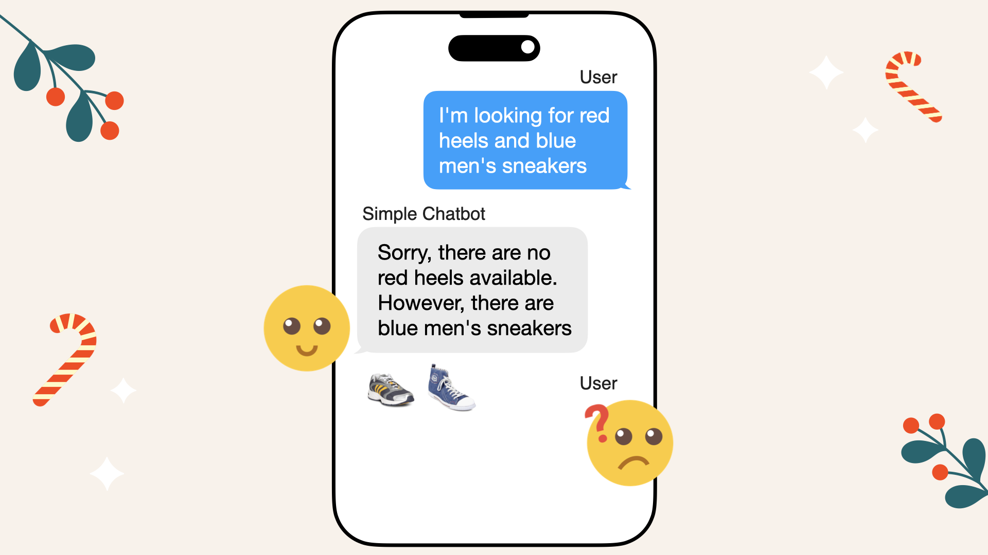 The naive chatbot only found some blue sneakers