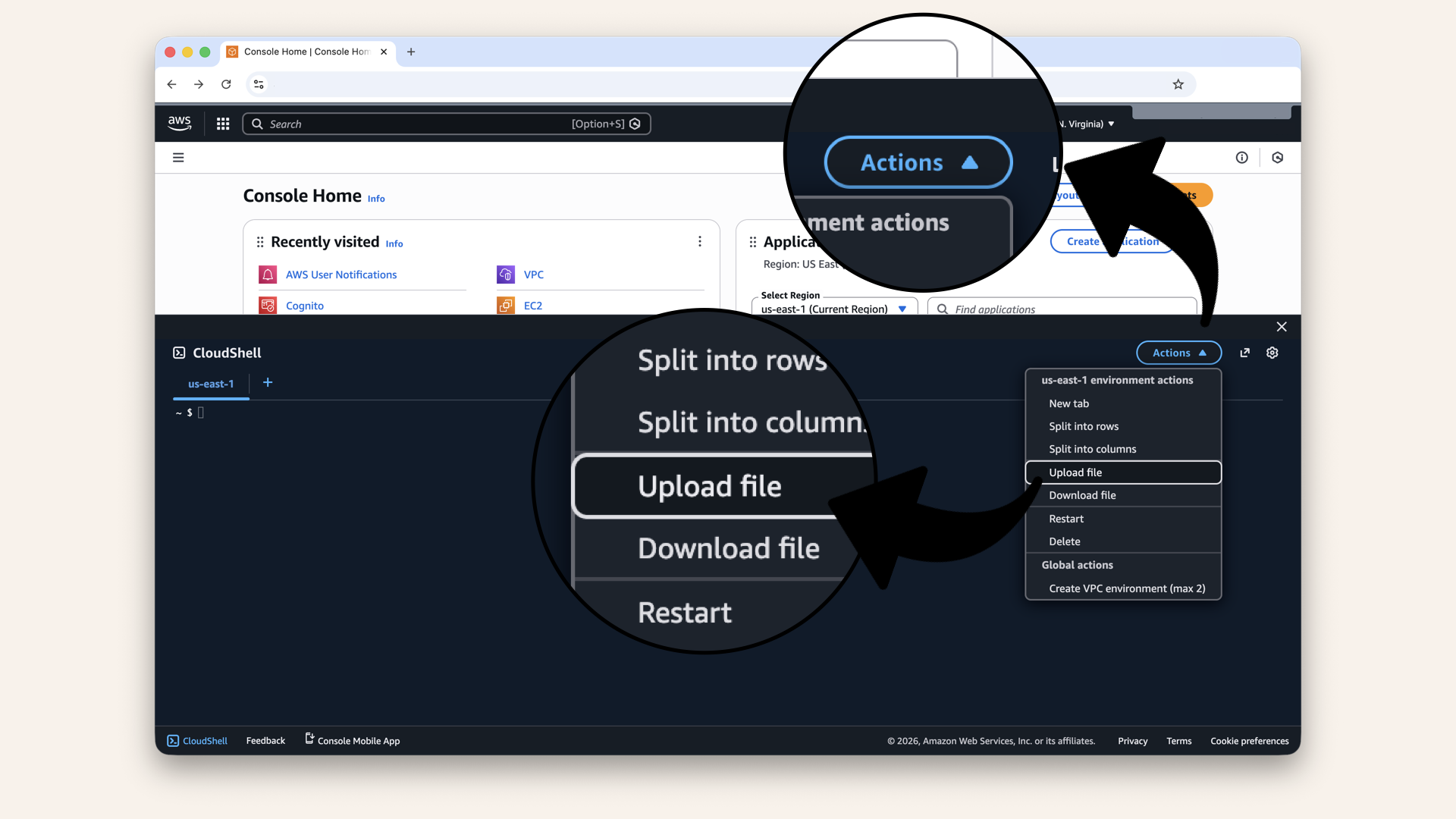 In CloudShell, click Actions then click Upload file