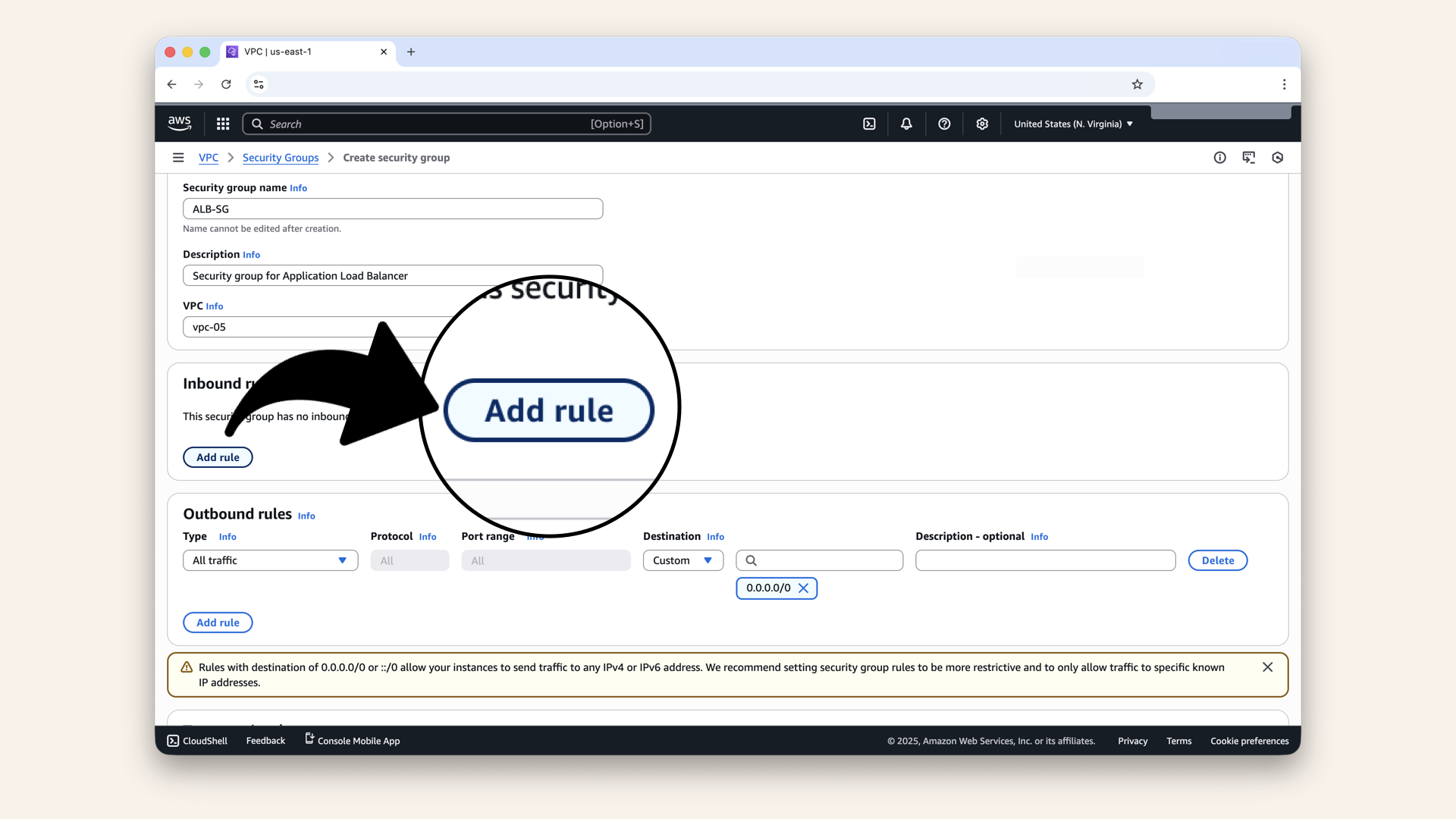 Scroll down to Inbound rules, then click Add rule Scroll down to Inbound rules, then click Add rule