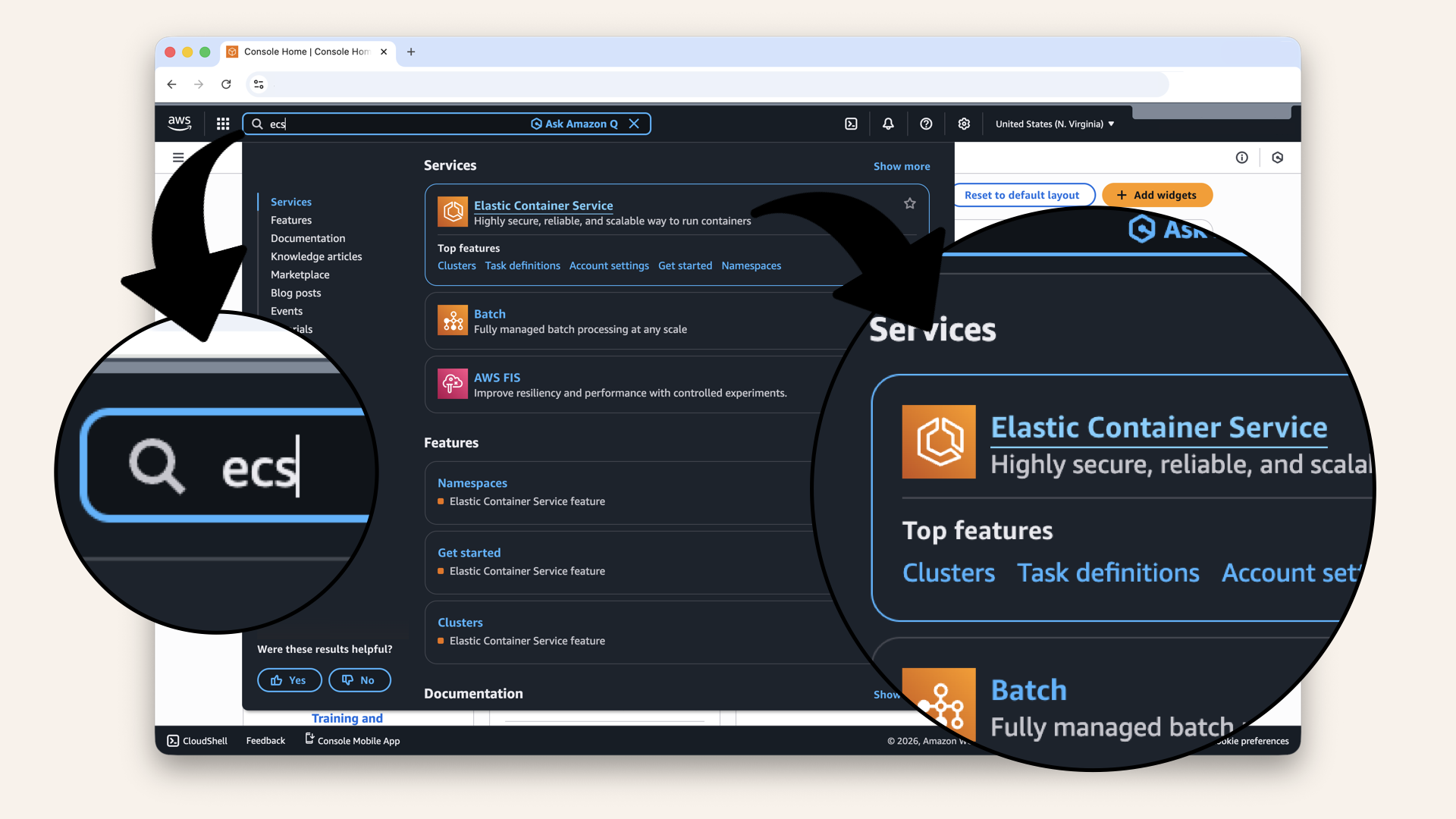 In the AWS Console search bar at the top, type ecs and click Elastic Container Service from the dropdown menu