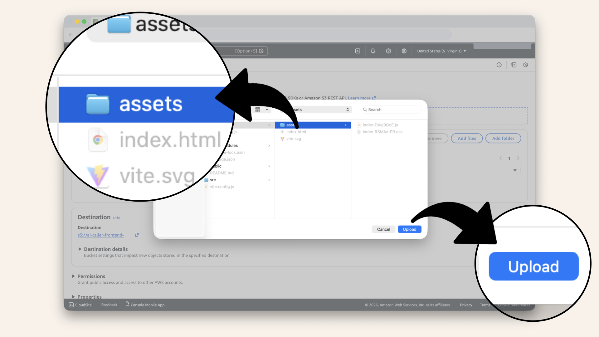 Select the assets folder and click Upload