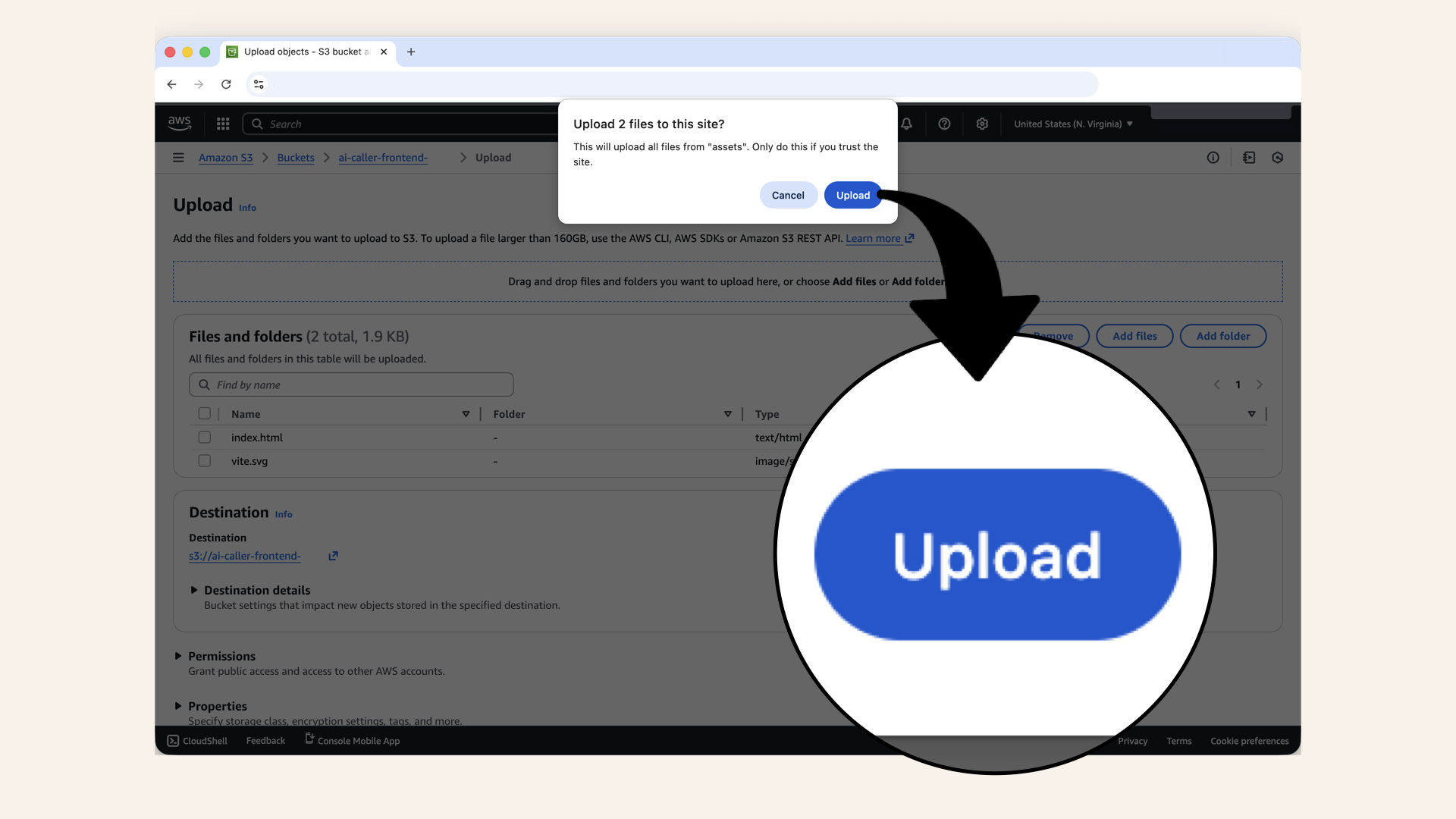 Click Upload when asked if upload files from Assets