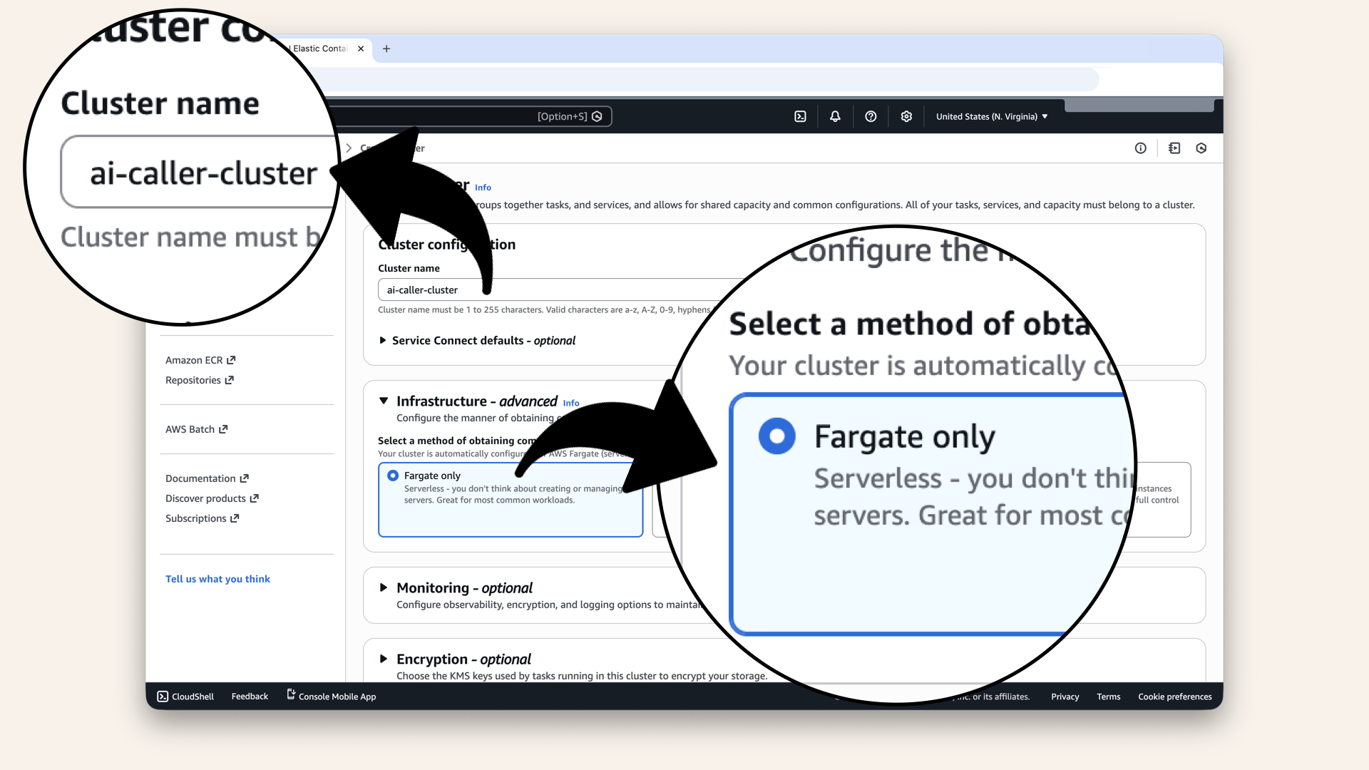 Name it ai-caller-cluster and select Fargate only