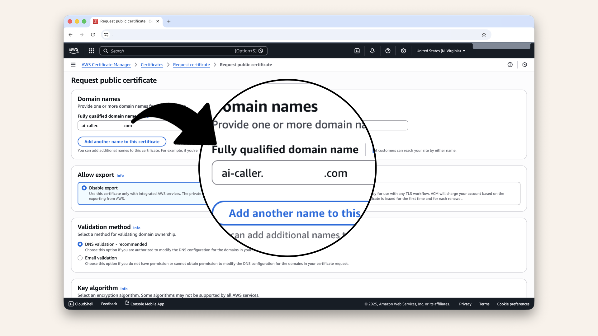 In Fully qualified domain name, first type ai-caller.yourdomain.com